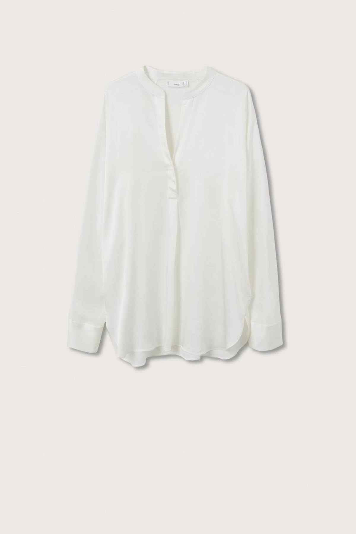 White button-front blouse with V-neck and long sleeves