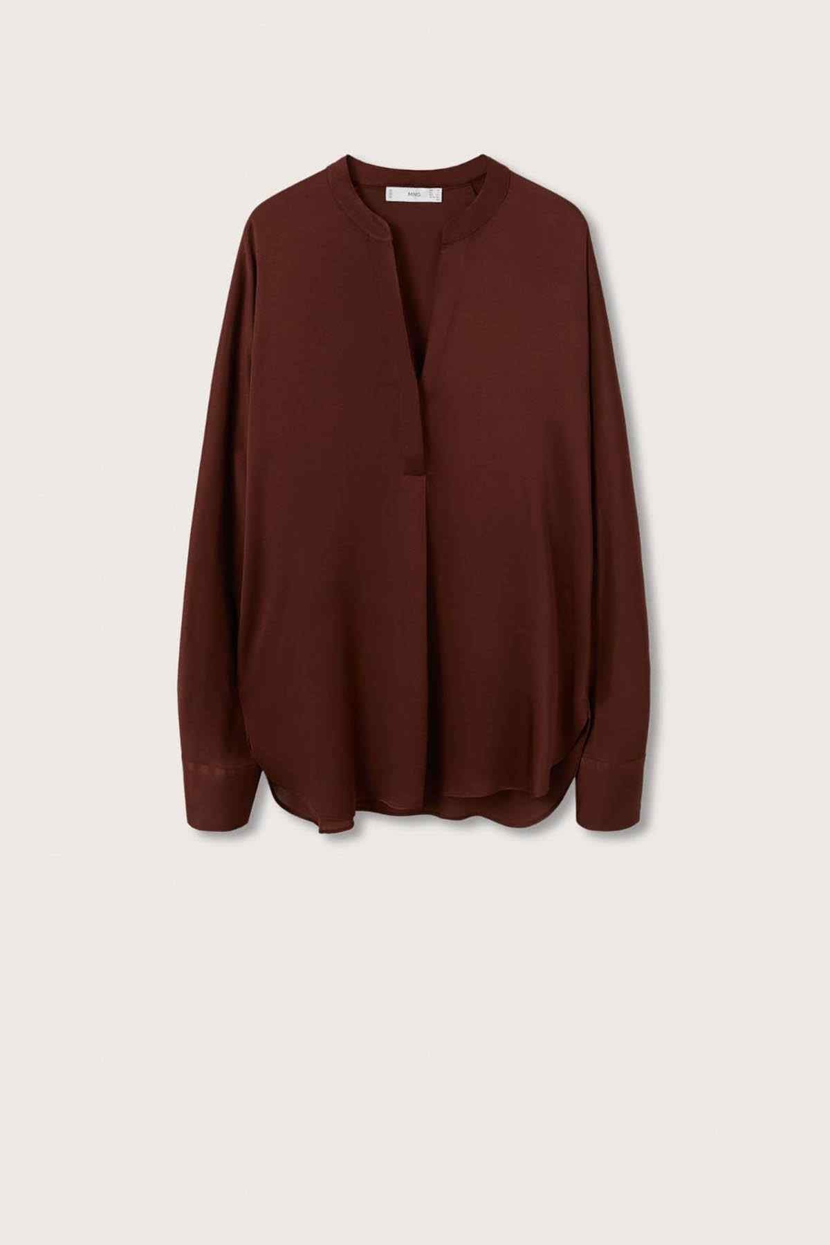 Dark brown V-neck button-front blouse, long sleeves, front view