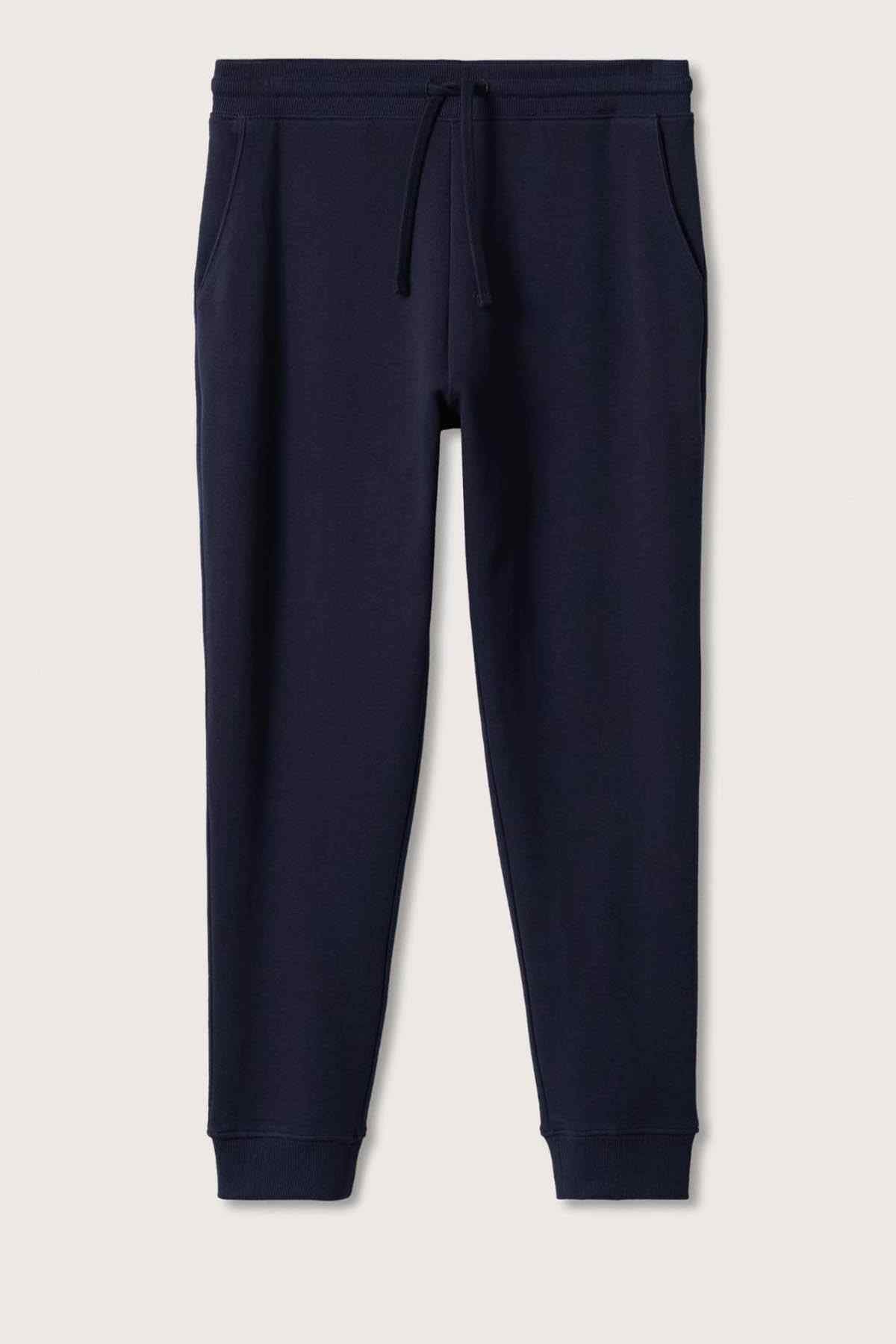 Dark navy jogger pants, front view with drawstring waist