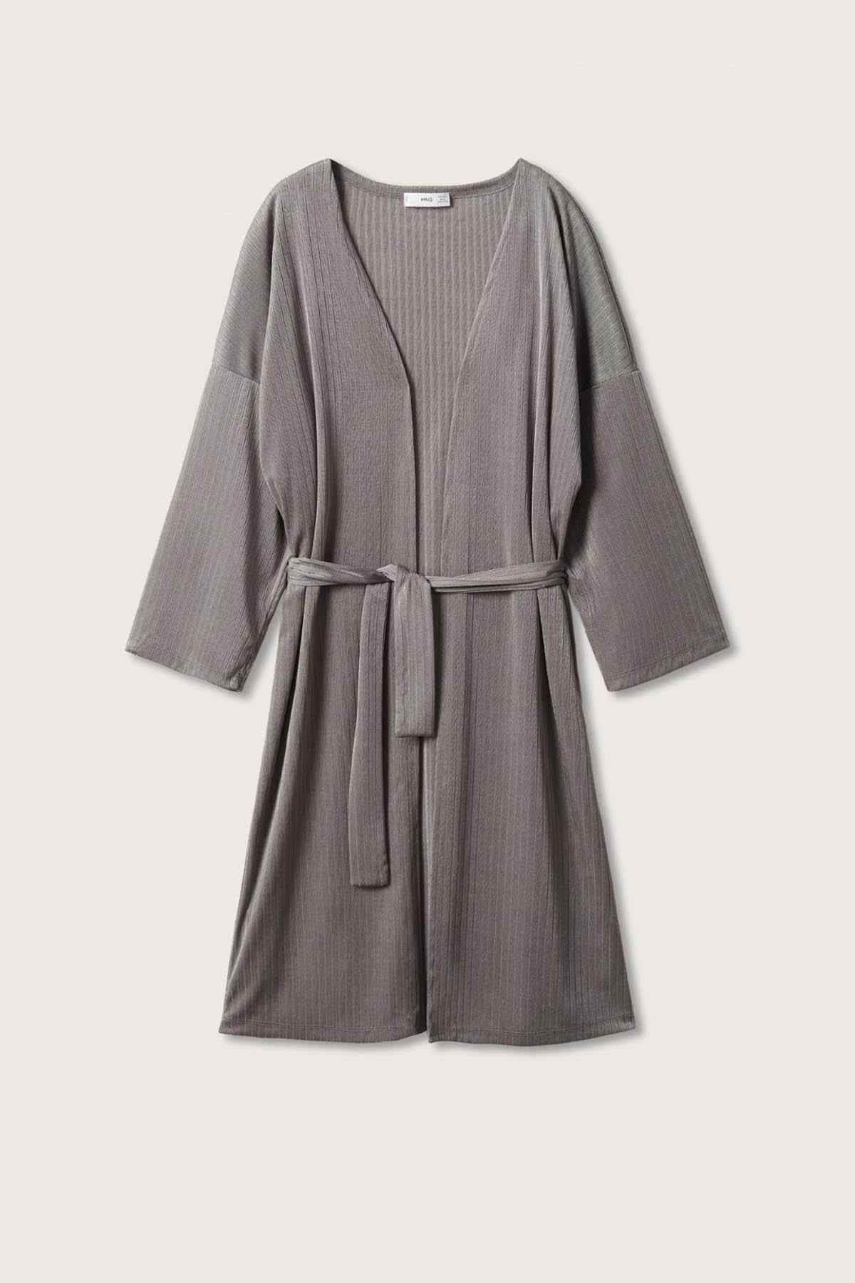 Grey striped belted kimono robe with open front and three-quarter sleeves.
