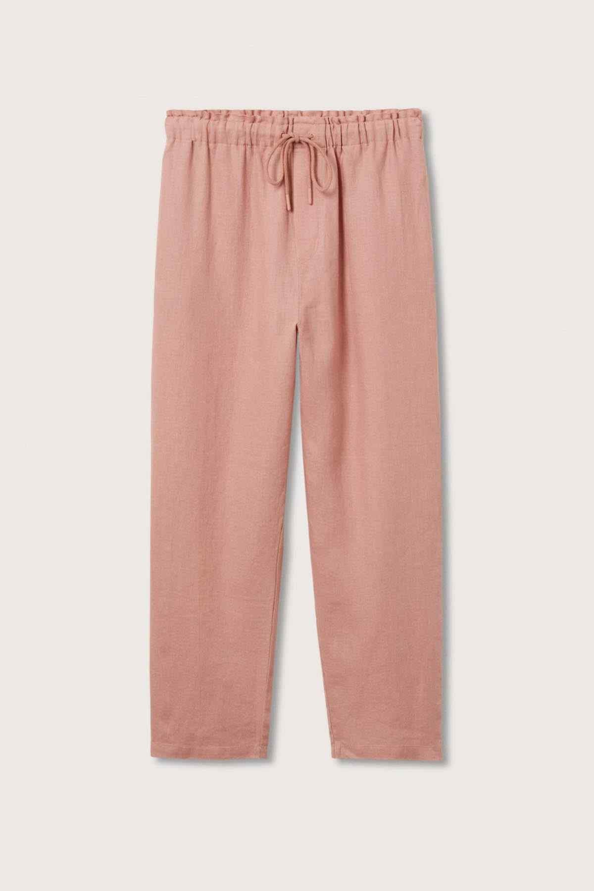 Pink straight drawstring pants with elastic waistband and front tie