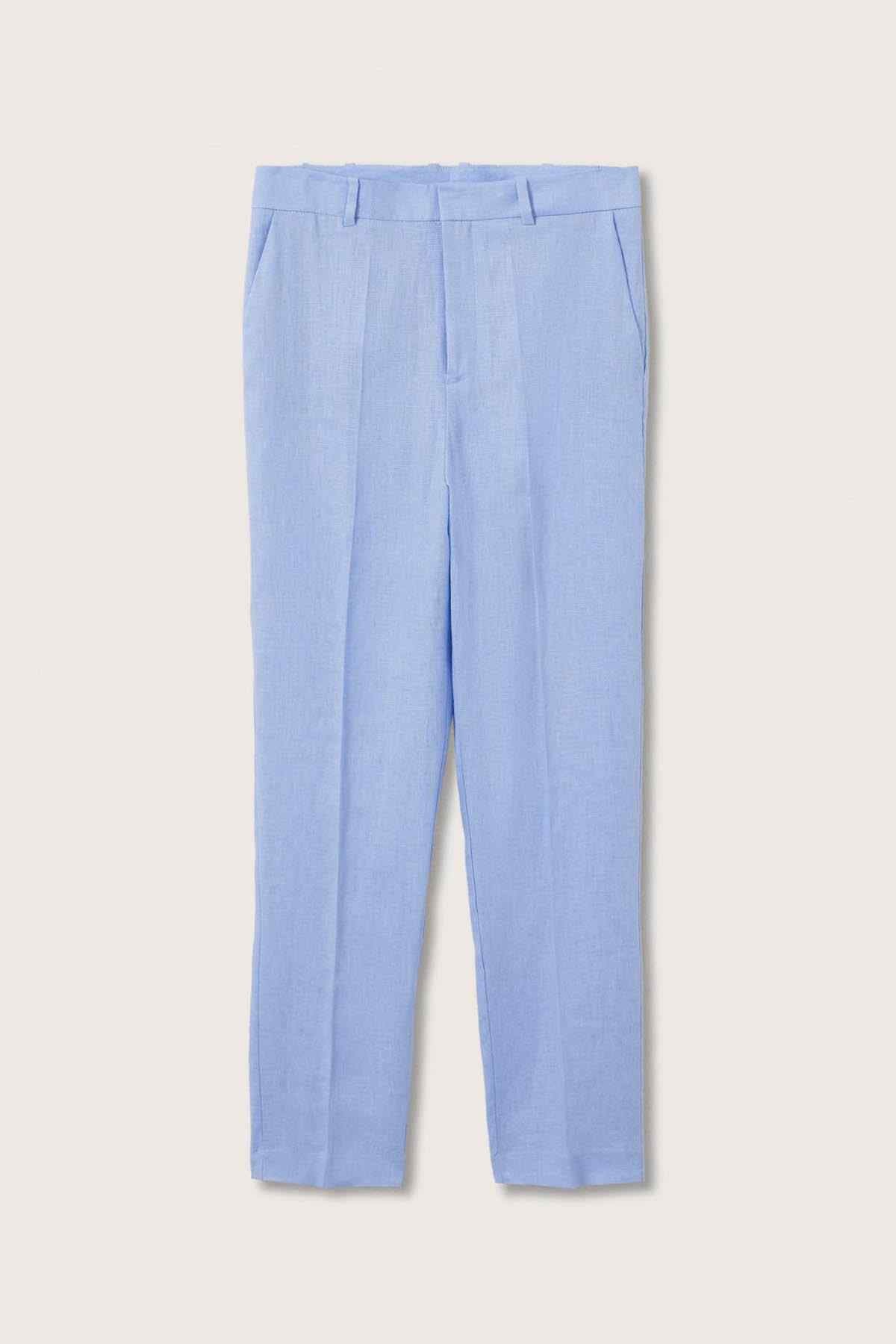Sky-blue cropped trousers with belt loops and pleated front