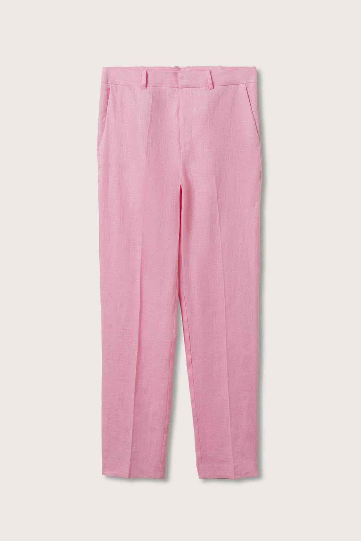 Pink trousers laid flat, showing belt loops, pleats, and ankle-length hem
