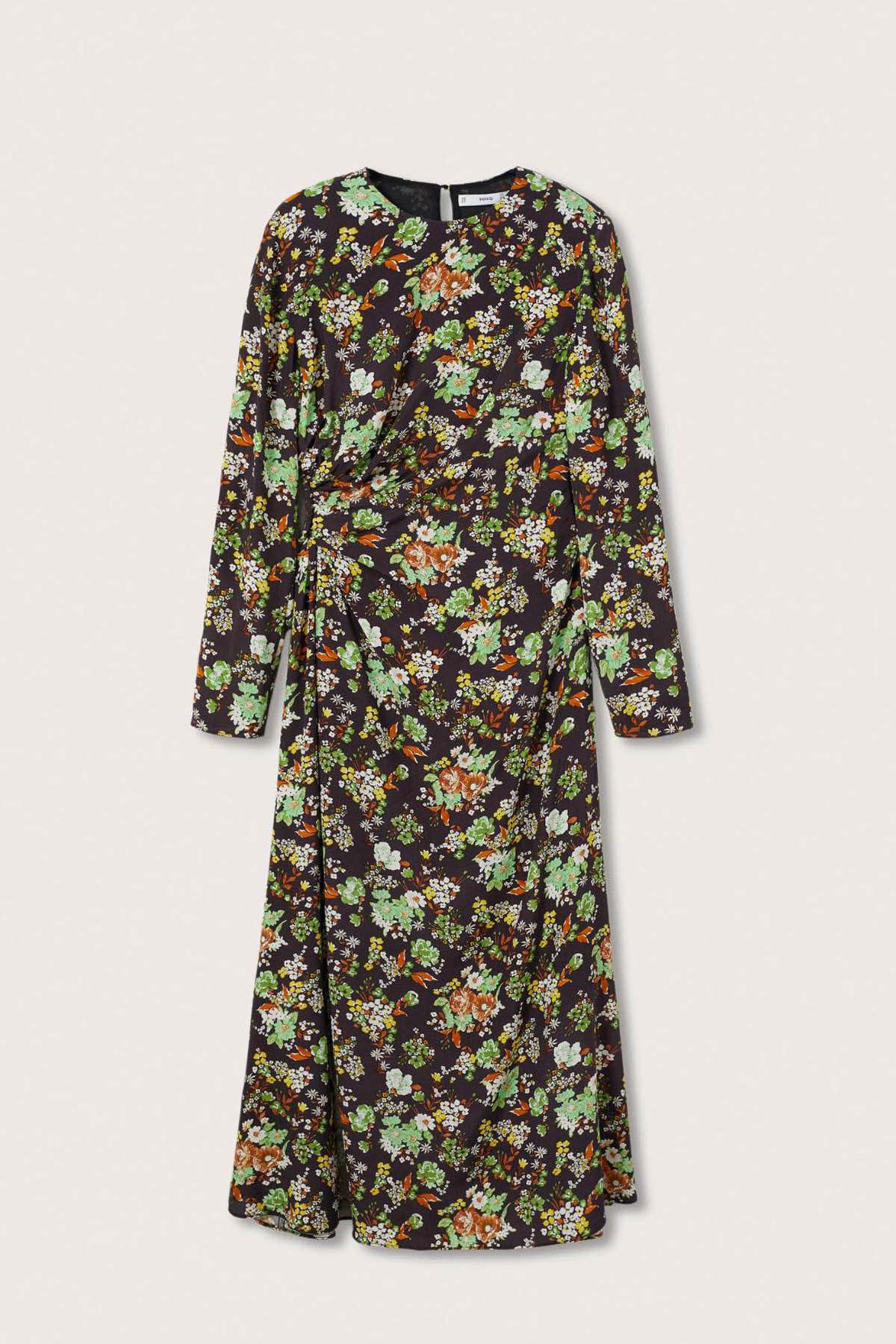 Floral midi dress, long sleeves, black base with multicolor print, round neckline