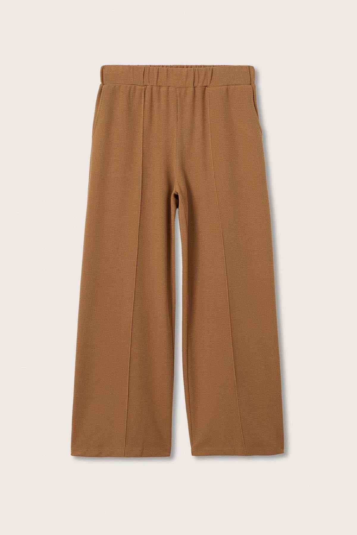 Brown wide-leg trousers with elastic waistband, flat lay