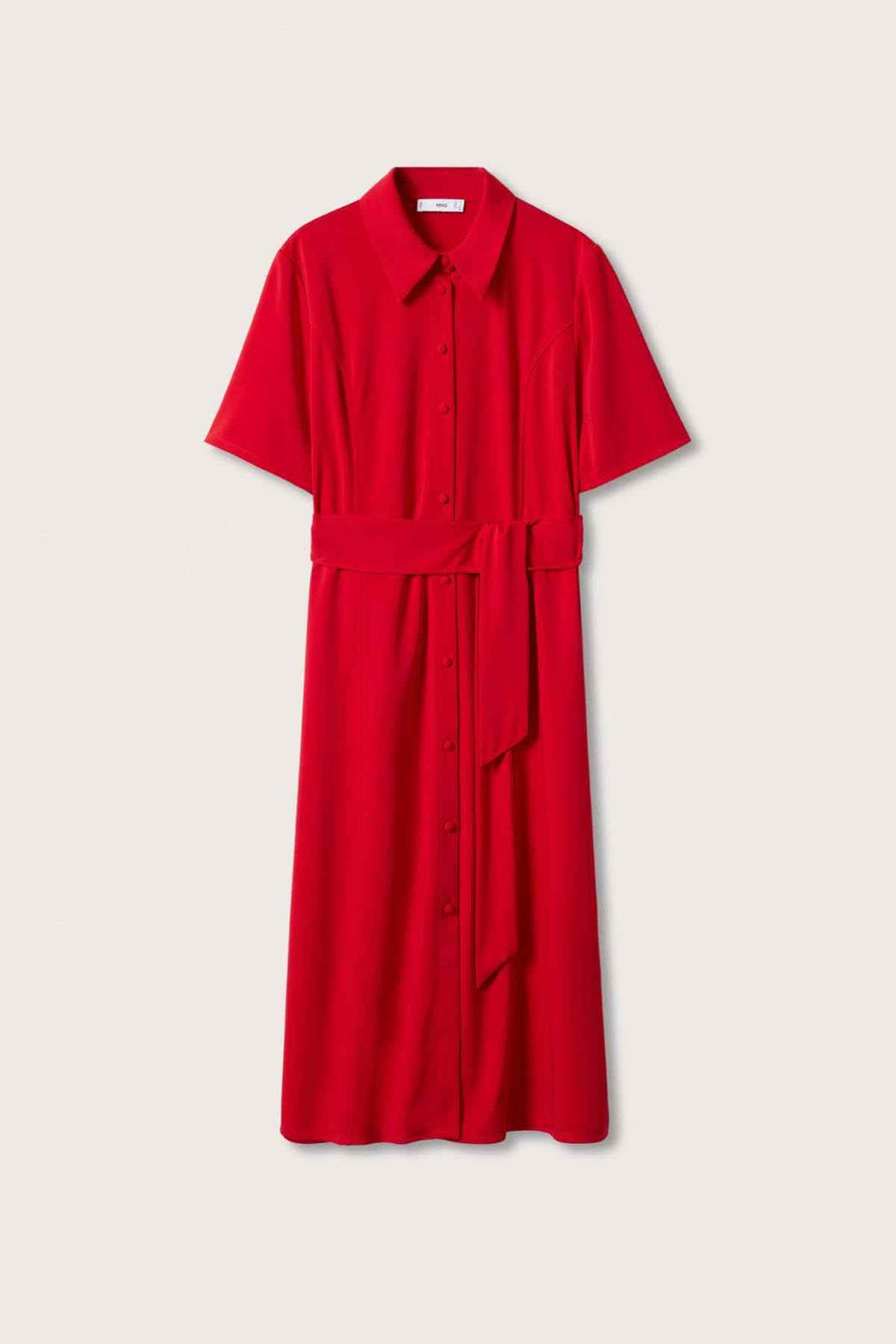 Red belted shirt dress flat lay with short sleeves and button-front