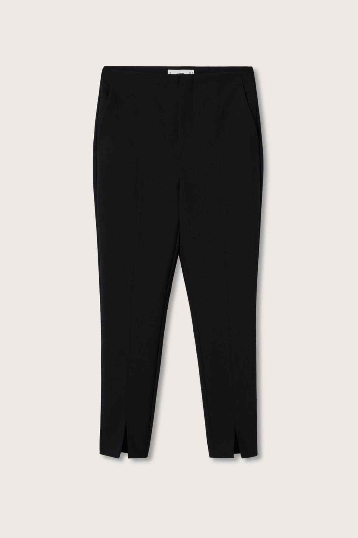MANGO black pants flat lay with straight seams and ankle slit hem
