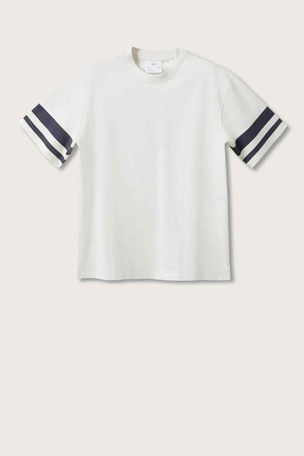 White crew-neck T-shirt with navy striped sleeve cuffs