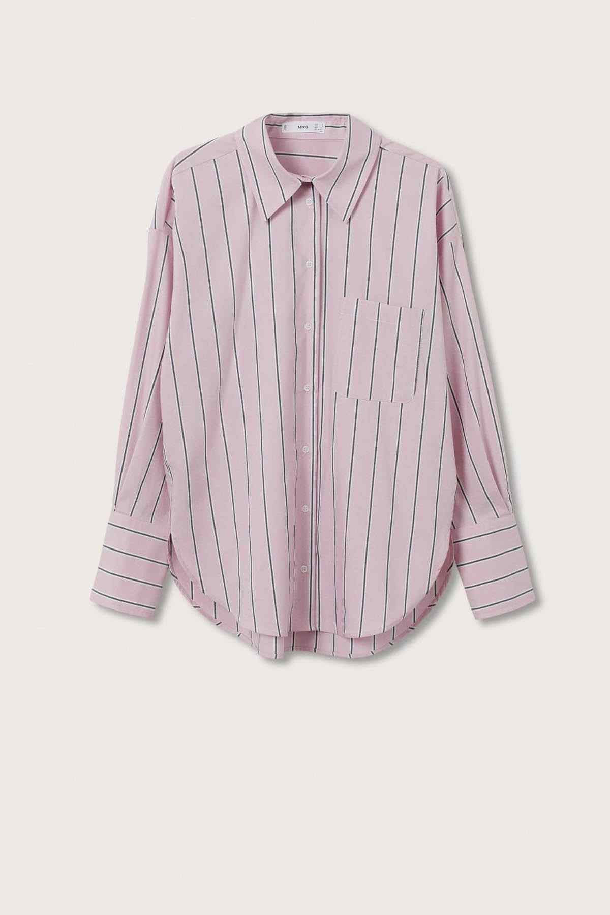 Pink striped button-up shirt with chest pocket, front view