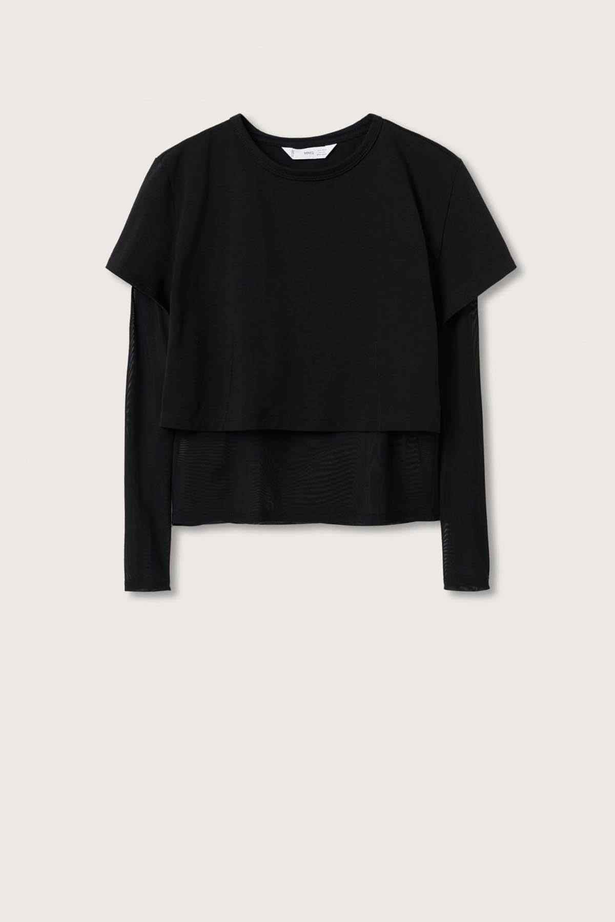 Black cropped T-shirt flat lay with layered front panels