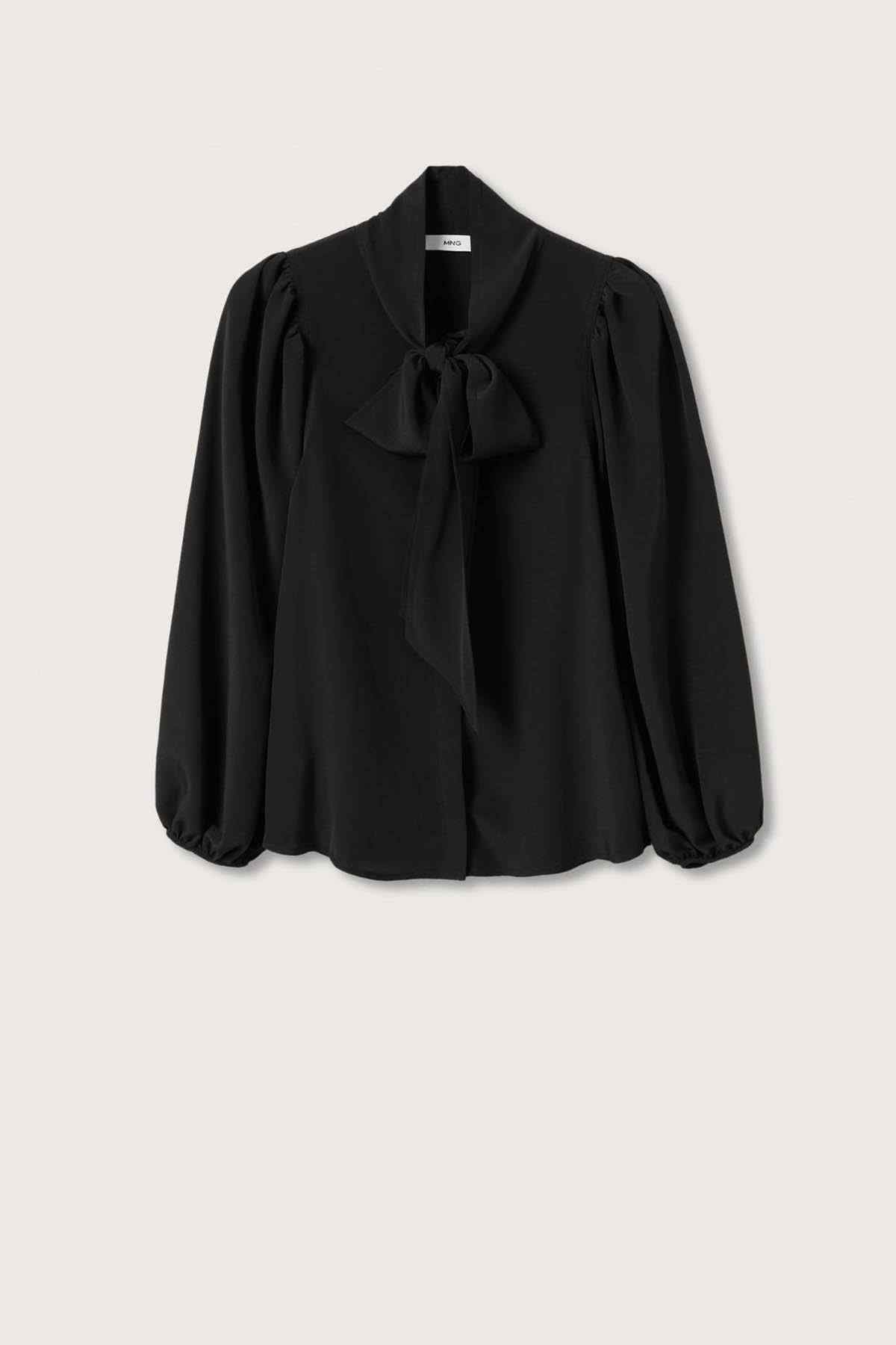 Black tie-neck blouse with bow and puff sleeves, flat front view.
