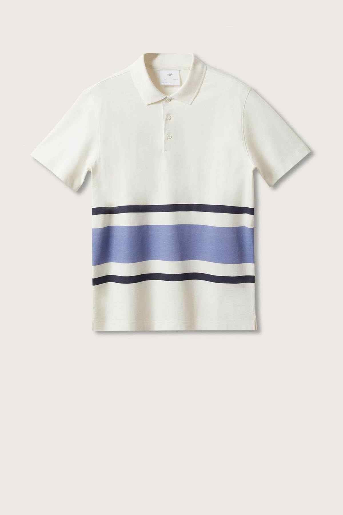 MANGO white polo shirt with blue striped center panel