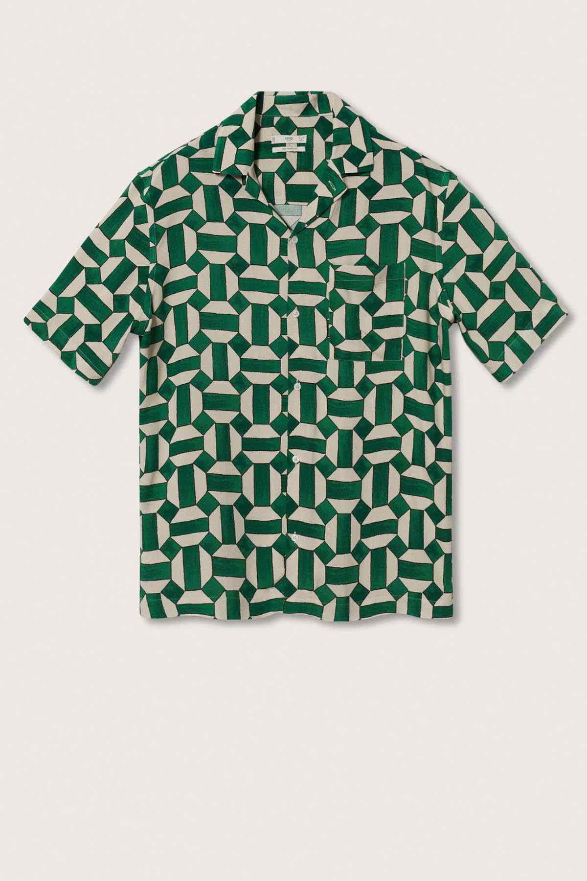 Green geometric print short-sleeve button-up shirt, front flat lay