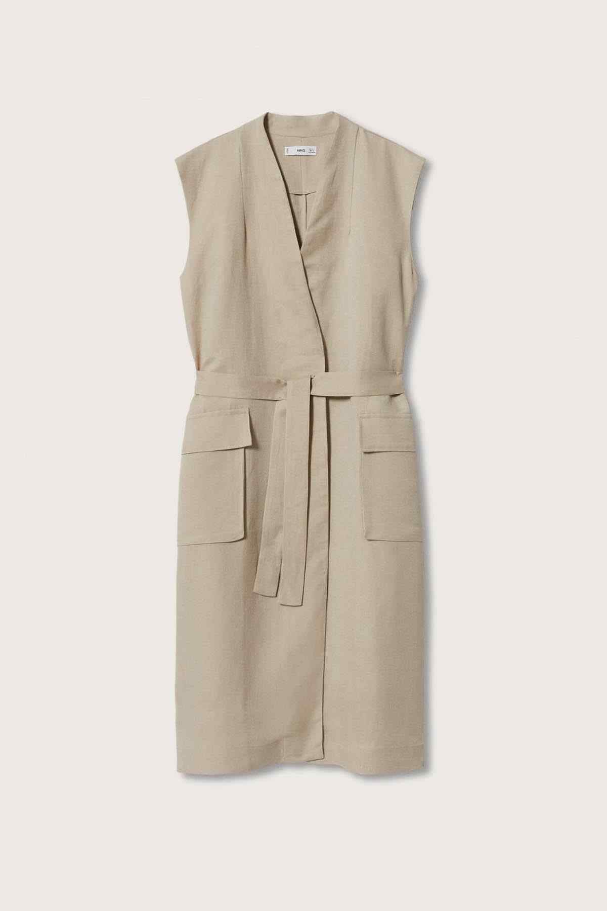 MANGO beige sleeveless belted coat with V-neck and patch pockets