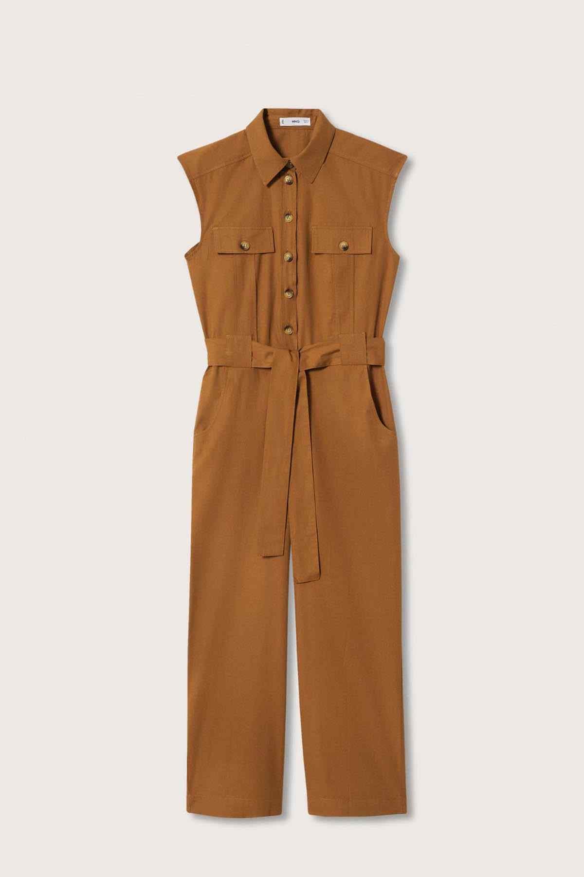 Burnt orange sleeveless jumpsuit flat lay, collared button front with waist tie belt