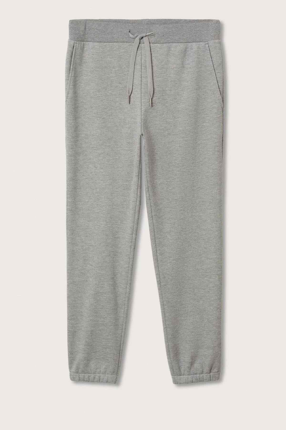 Heather grey jogger sweatpants, drawstring waist, cuffed ankle