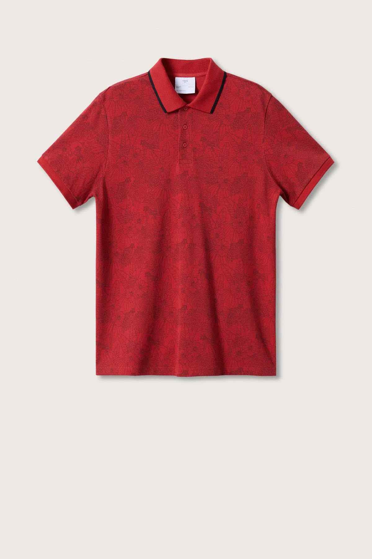 MANGO red patterned polo shirt, short-sleeve with buttoned collar, flat lay
