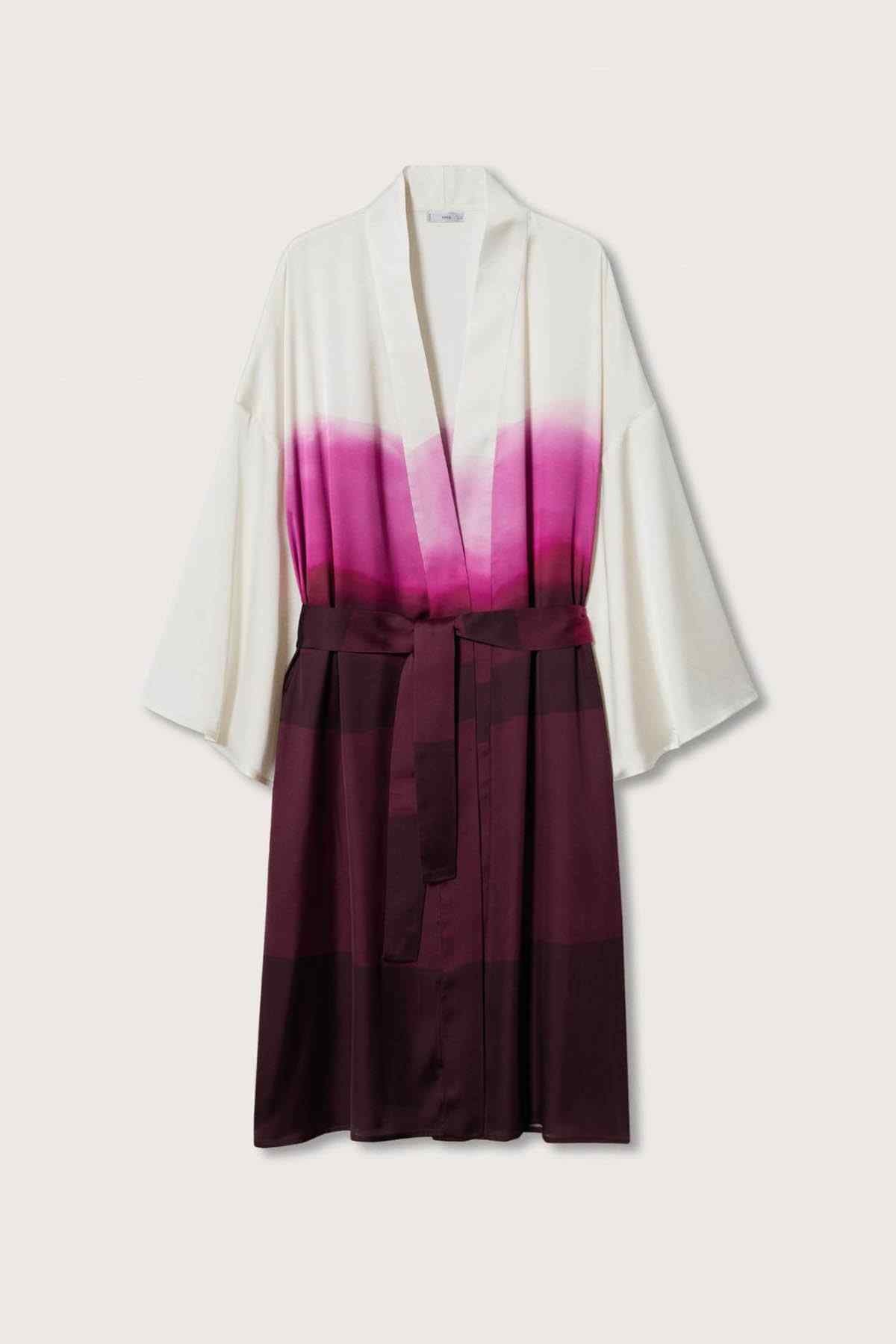 Off-white satin kimono robe with magenta gradient, V-neck and waist belt, flat lay
