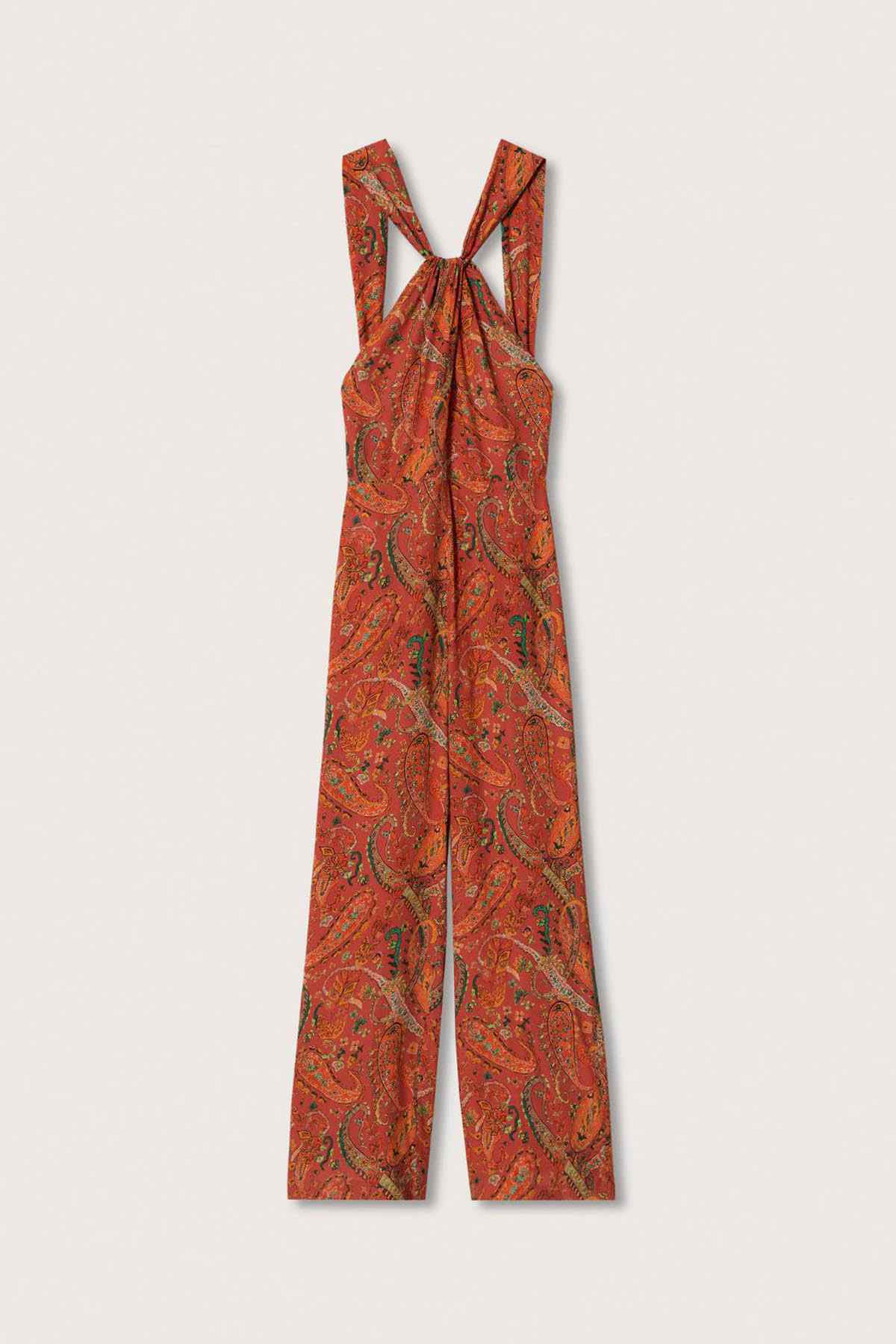 Coral paisley halter jumpsuit, sleeveless with bow neckline and wide pants