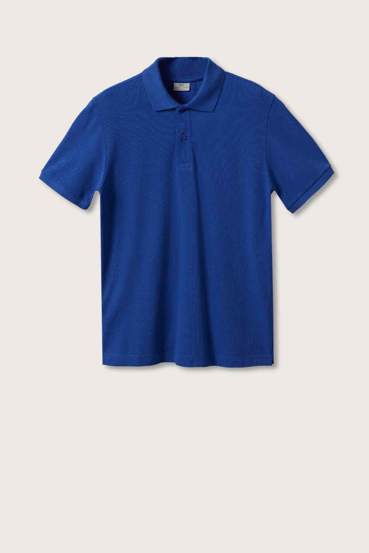 Blue polo shirt laid flat with collar and short sleeves