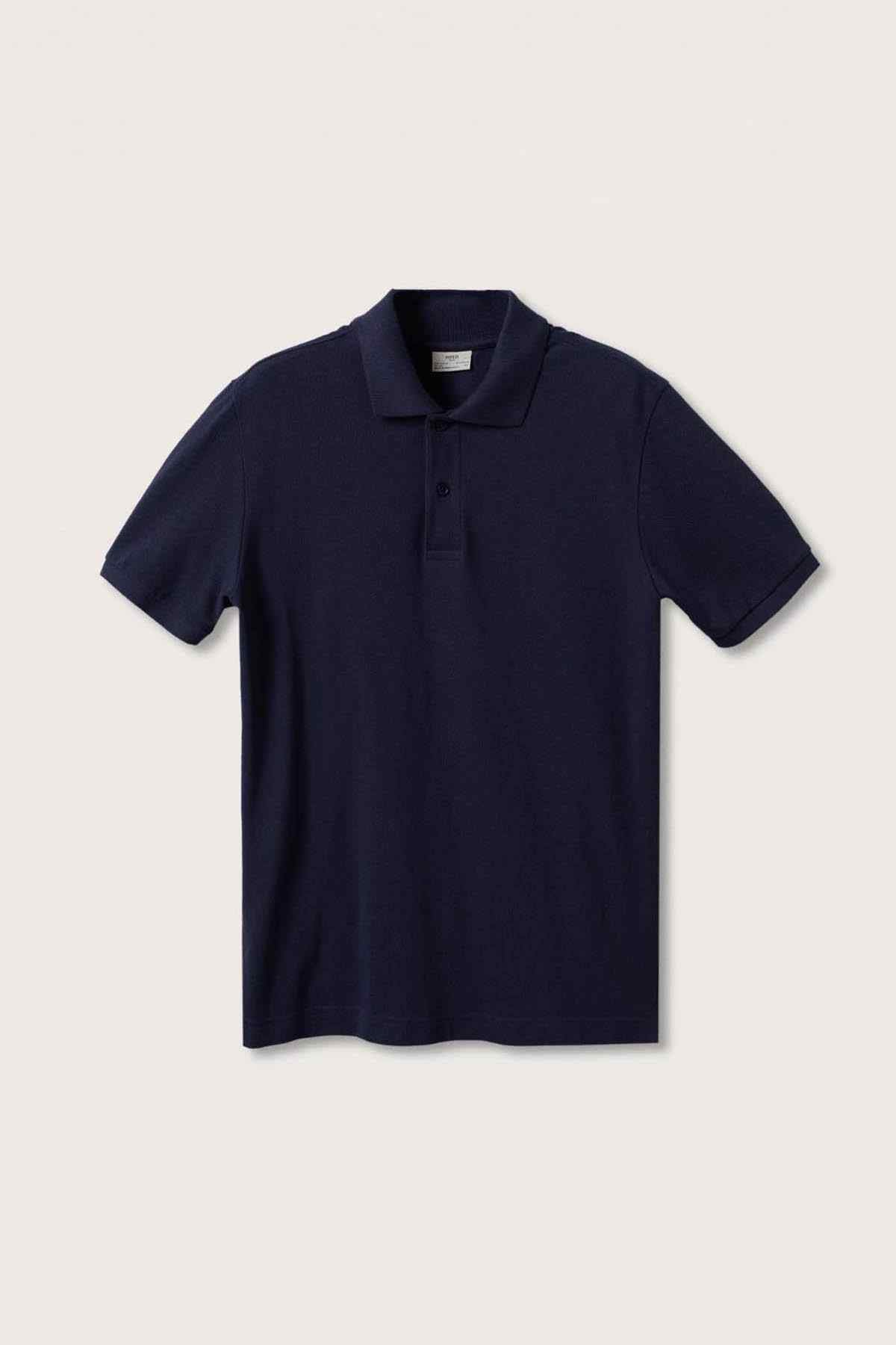 MANGO navy polo shirt with short sleeves and collar, flat lay