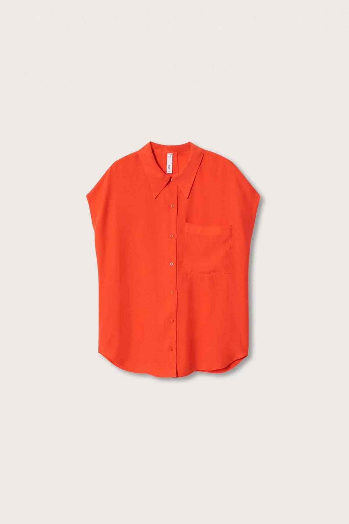 MANGO dark orange short-sleeve button-up shirt, front view with patch pocket