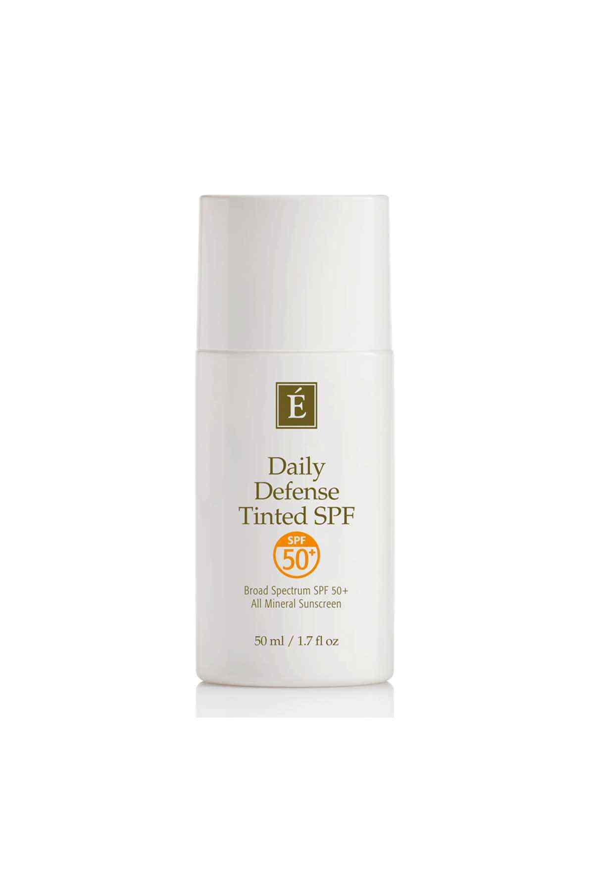 Eminence Daily Defense tinted SPF 50 sunscreen bottle, white/cream, screw top