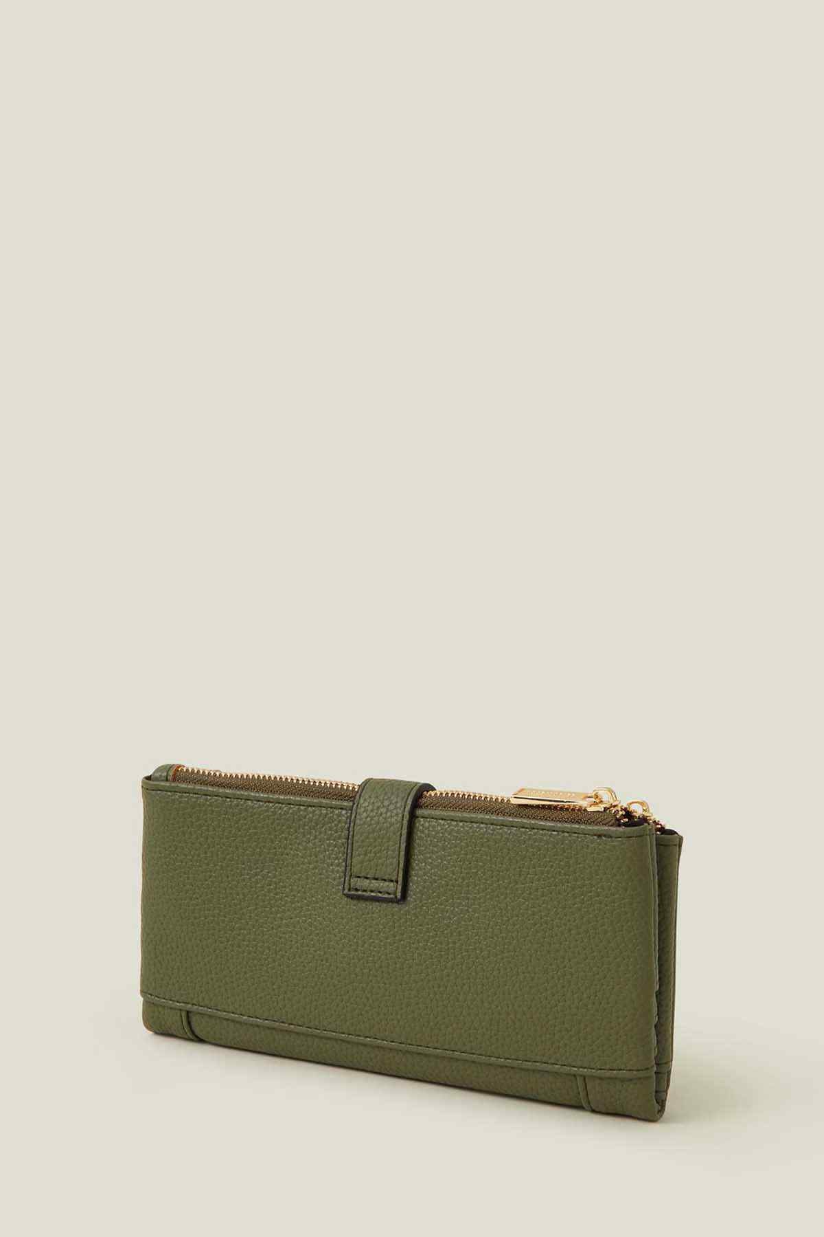 Khaki green zip-top handbag with short handle and gold-tone hardware