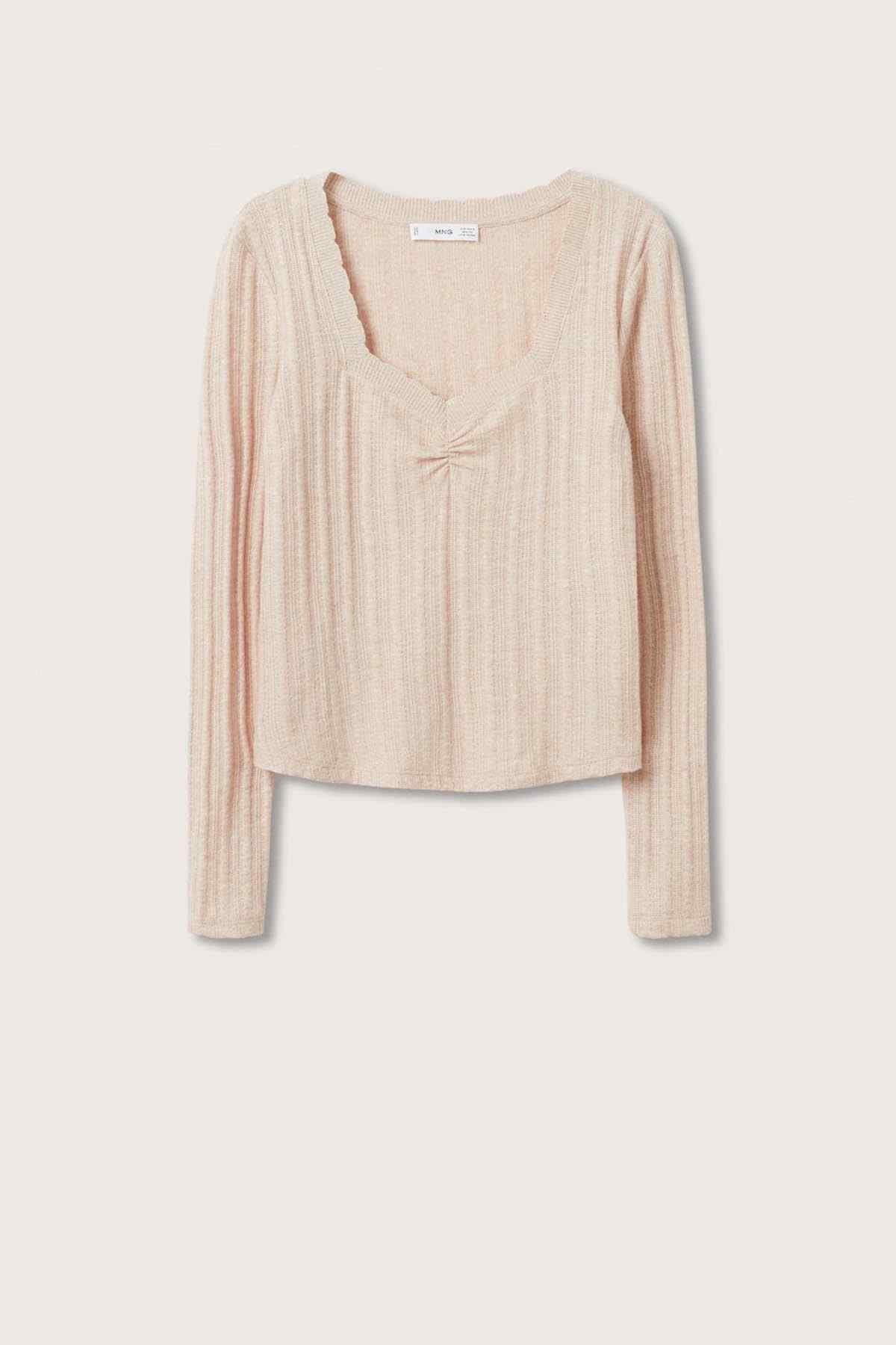 Sand ribbed knit scoop-neck long-sleeve top, flat lay