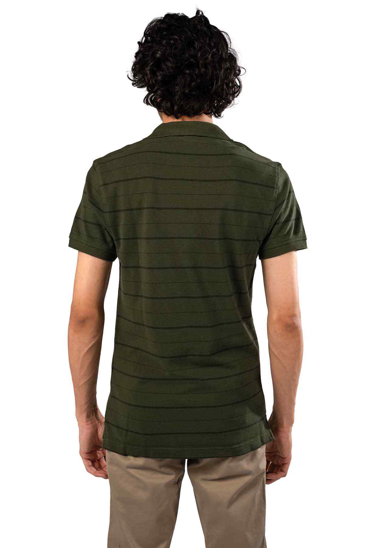 Levi's dark green striped polo shirt, back view, short sleeves