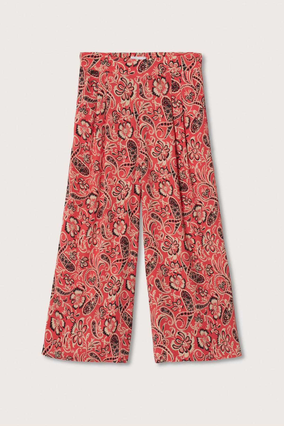 Red paisley-print wide-leg culottes, flat lay with wide straight legs