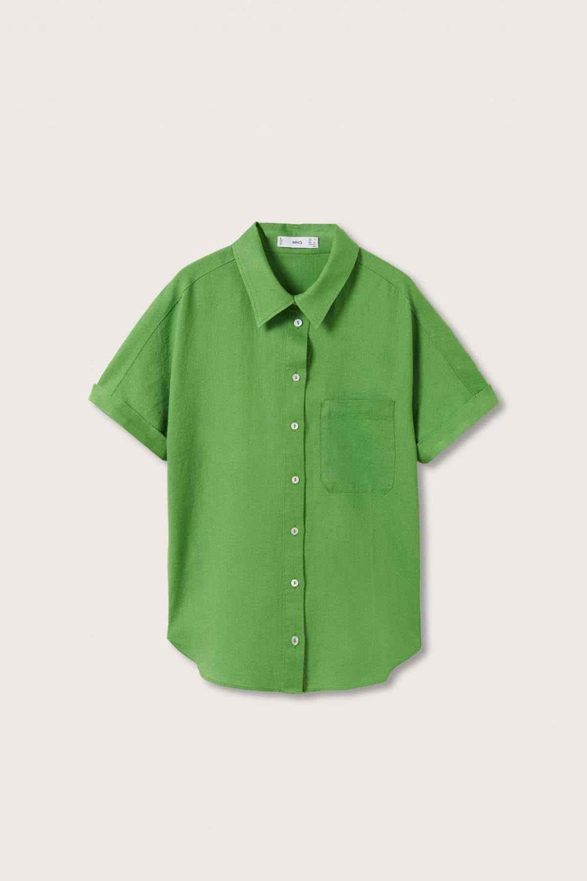 Green short-sleeve button-up shirt with point collar, centered button placket