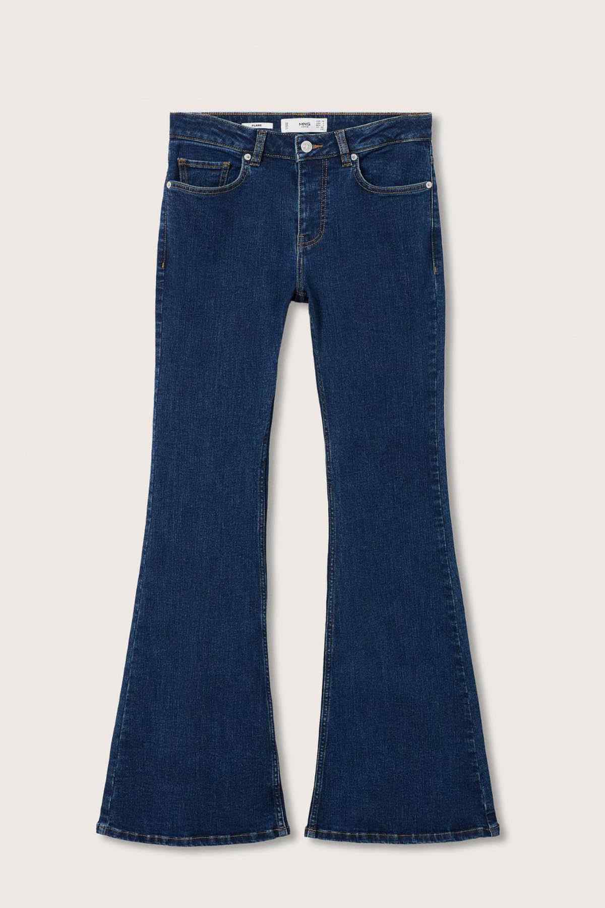 Dark blue flared jeans on a flat lay, front view with button and zipper fly