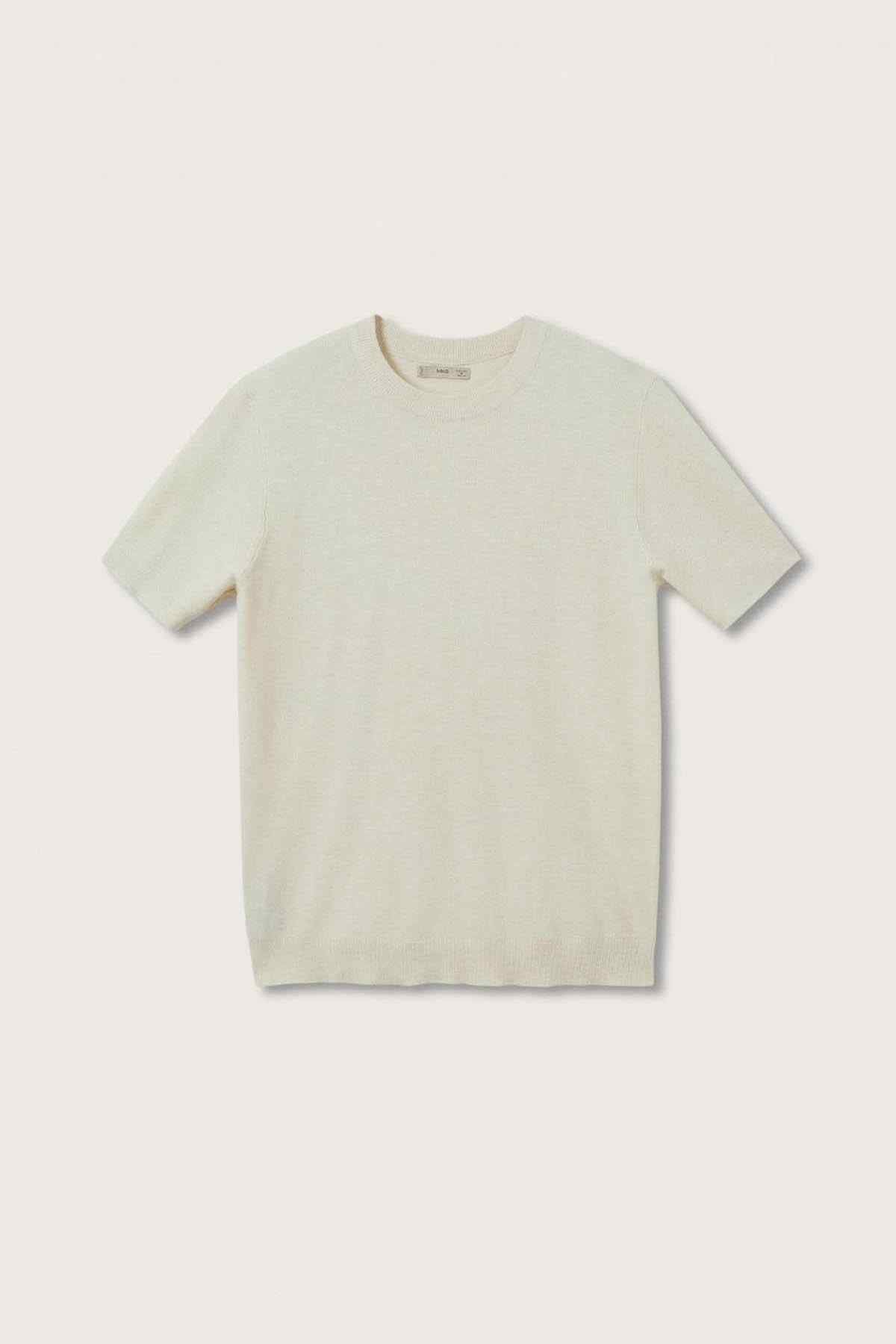 Off-white crew-neck T-shirt laid flat, short sleeves