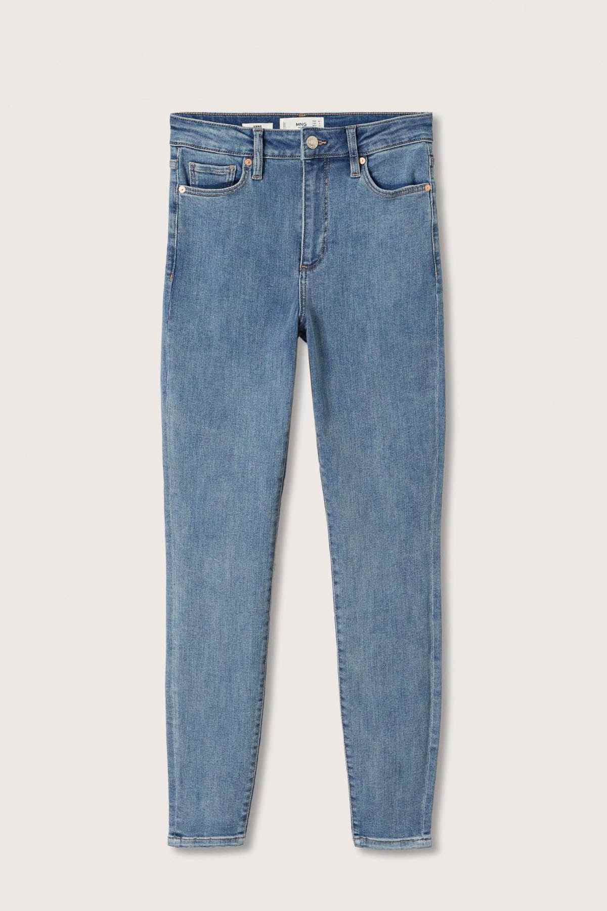 Medium blue straight-leg denim jeans, belt loops, and front button closure