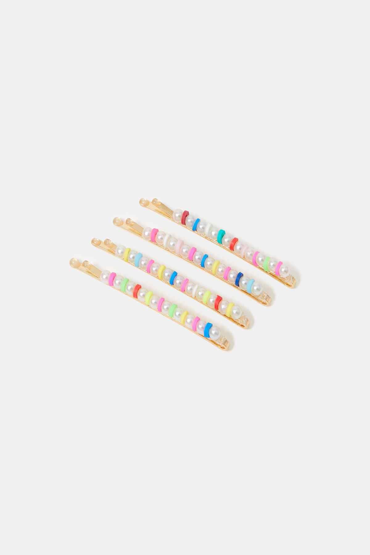 Set of pastel rainbow beaded hair barrettes with gold-tone clips