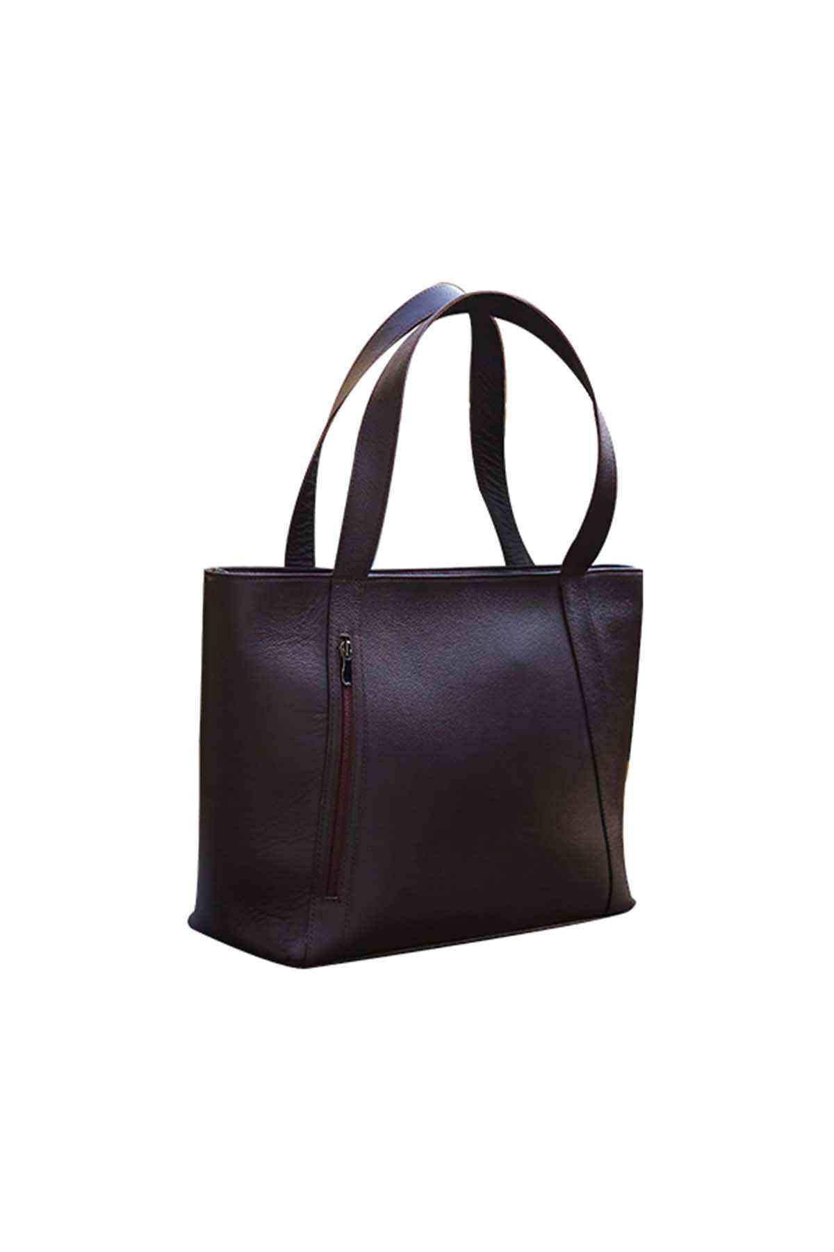 Dark brown tote bag with zip pocket detail and two handles