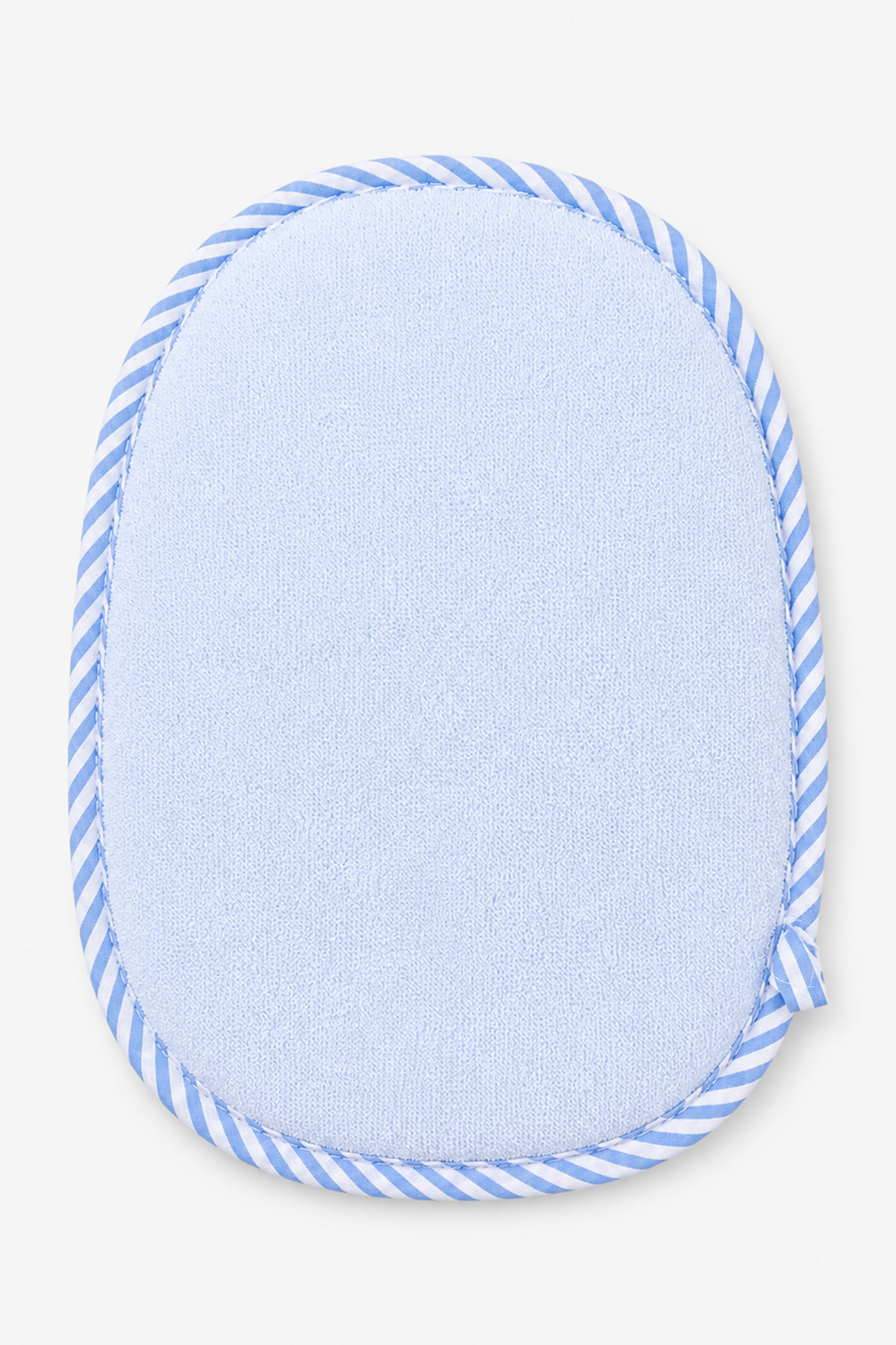 Plain blue baby hooded bath towel back with striped border and braided trim
