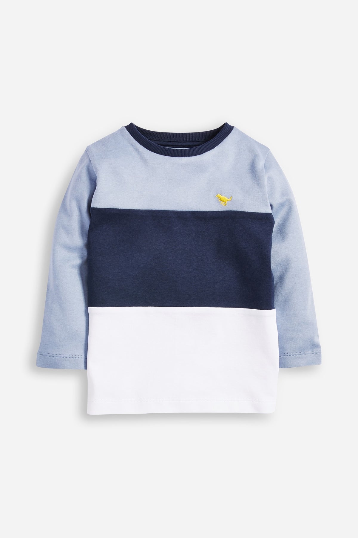 Boys' colorblock long-sleeve top in light blue, navy and white with small yellow logo