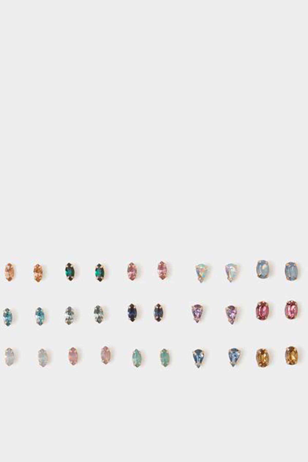 Rows of small multicolor crystal stud earrings, assorted jewel colors