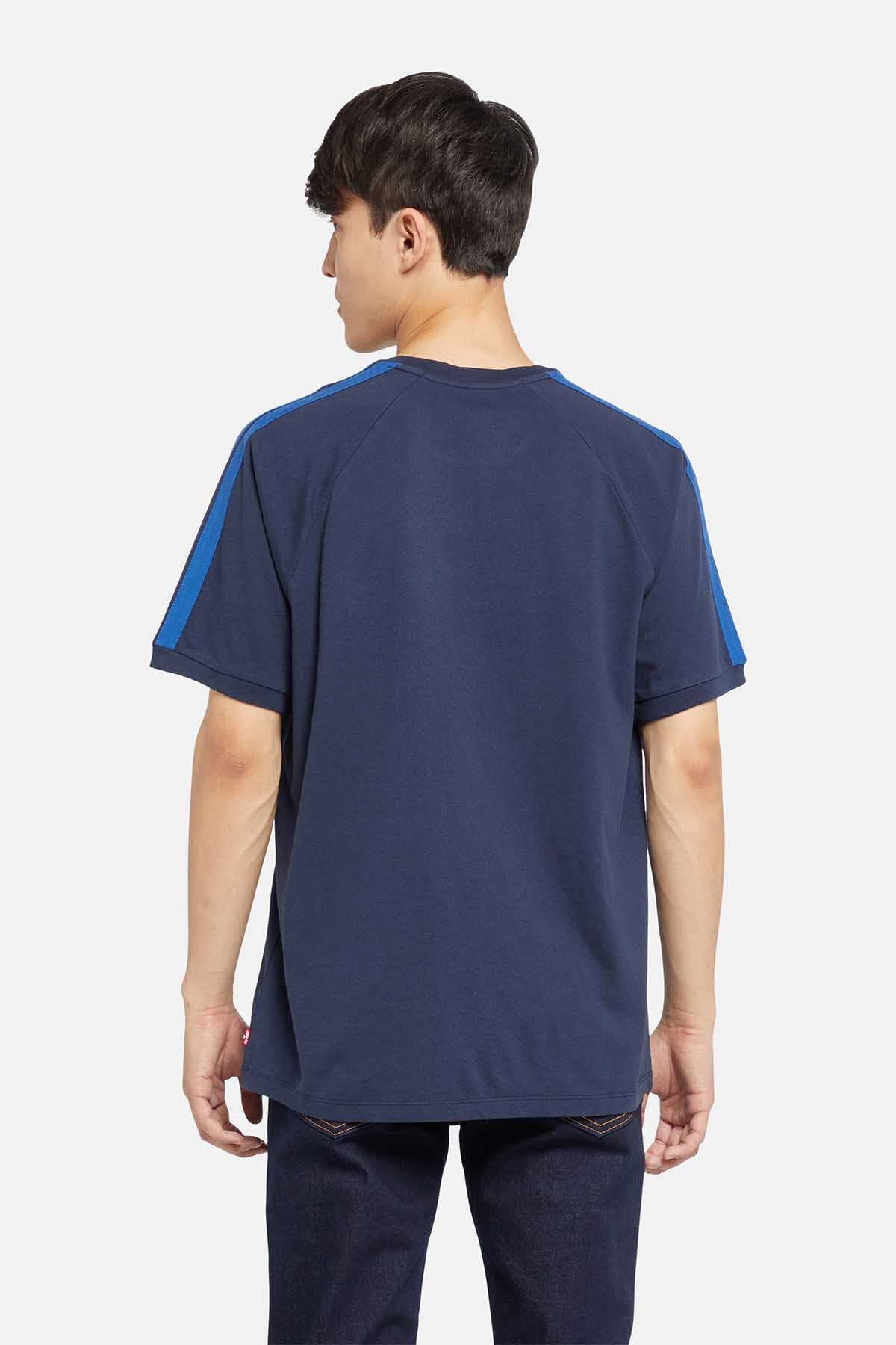 Levi's navy crew-neck T-shirt, back view with blue side stripes and short sleeves