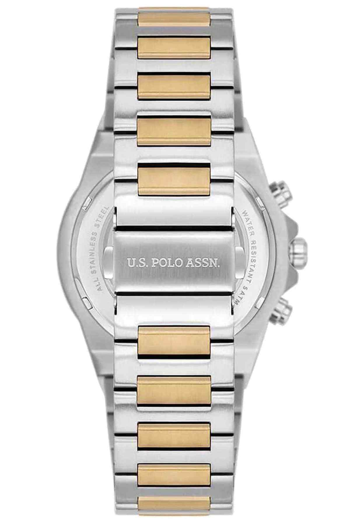 Silver-tone wristwatch with green dial, gold-bar bracelet, logo on face