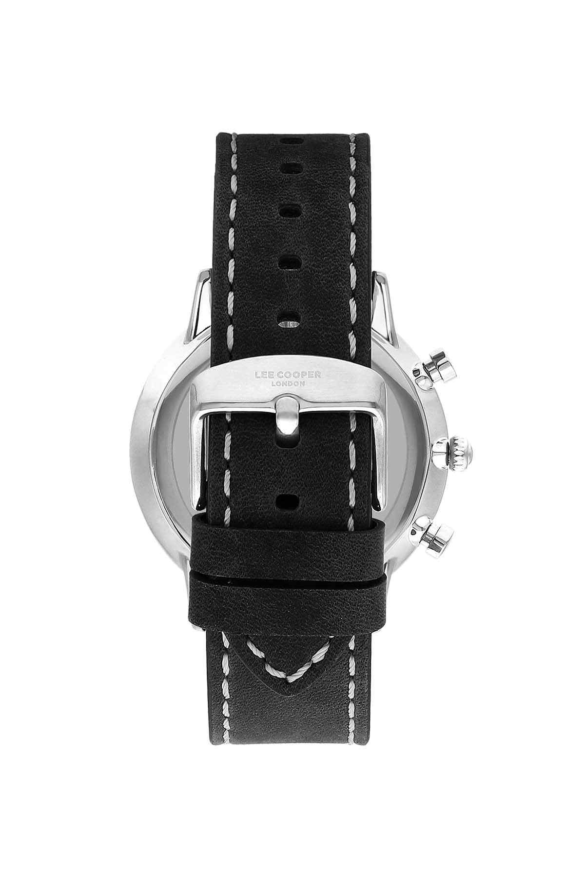 Lee Cooper wristwatch close-up with black leather strap and white contrast stitching