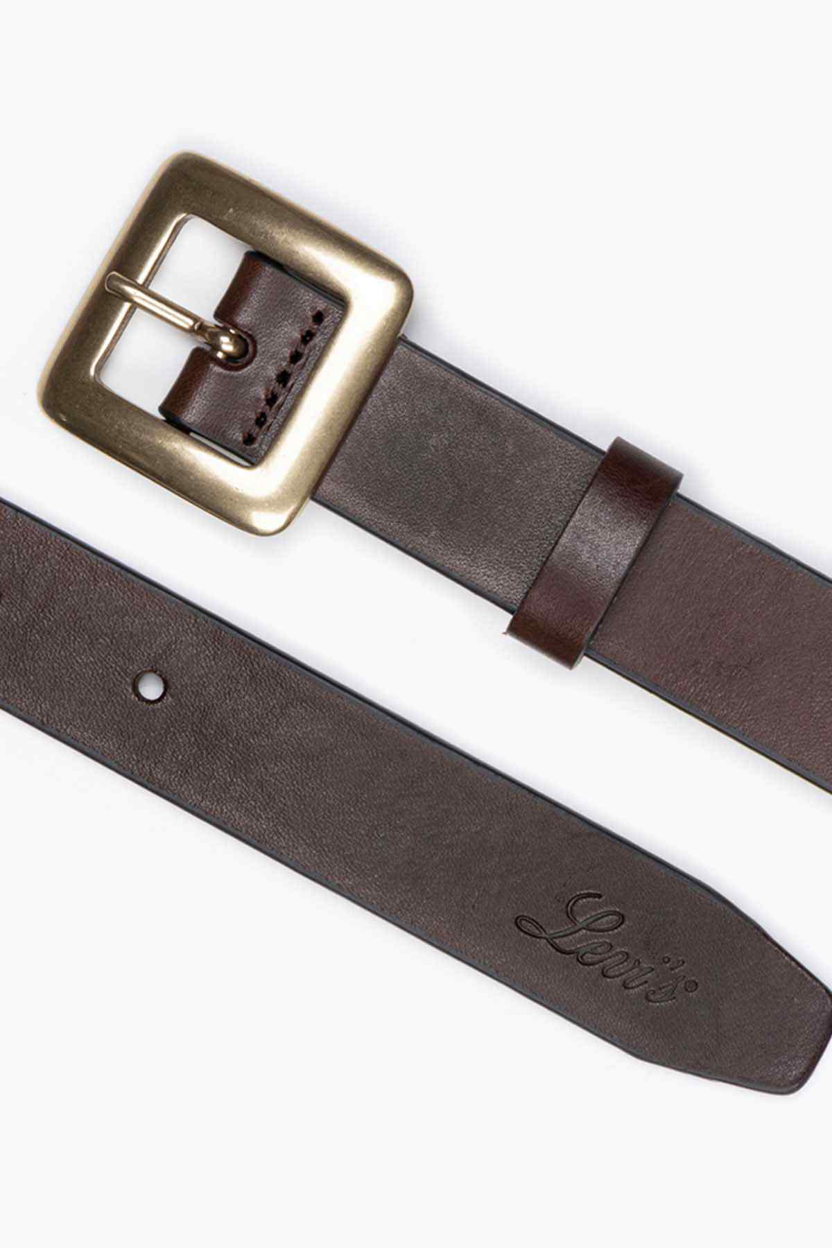 Brown leather belt strap with gold buckle and Levi's logo detail