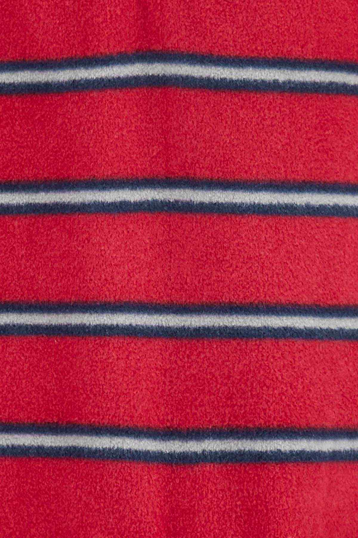 Close-up of red fleece with navy and gray horizontal stripes