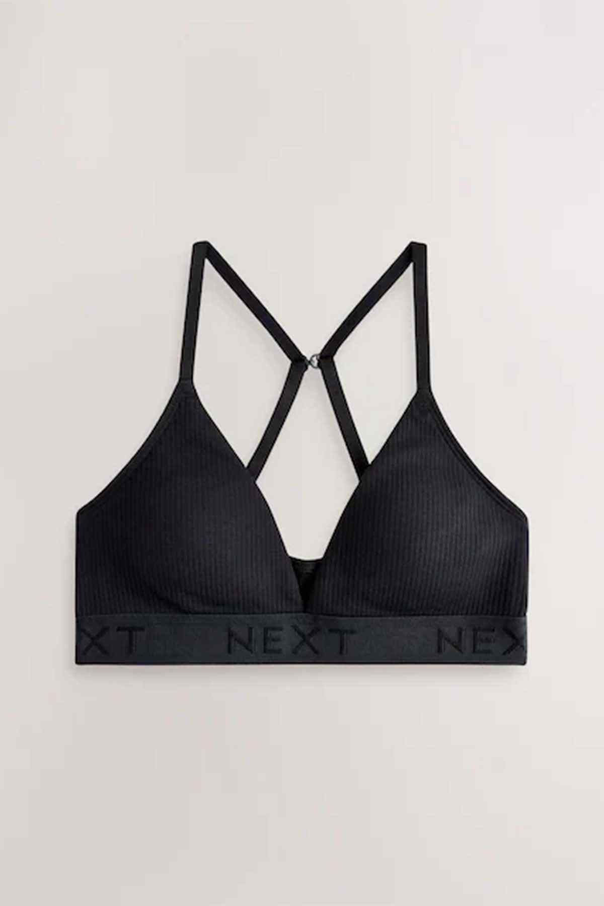 Black triangle bralette with V-neck and adjustable straps, stretchy elastic underband