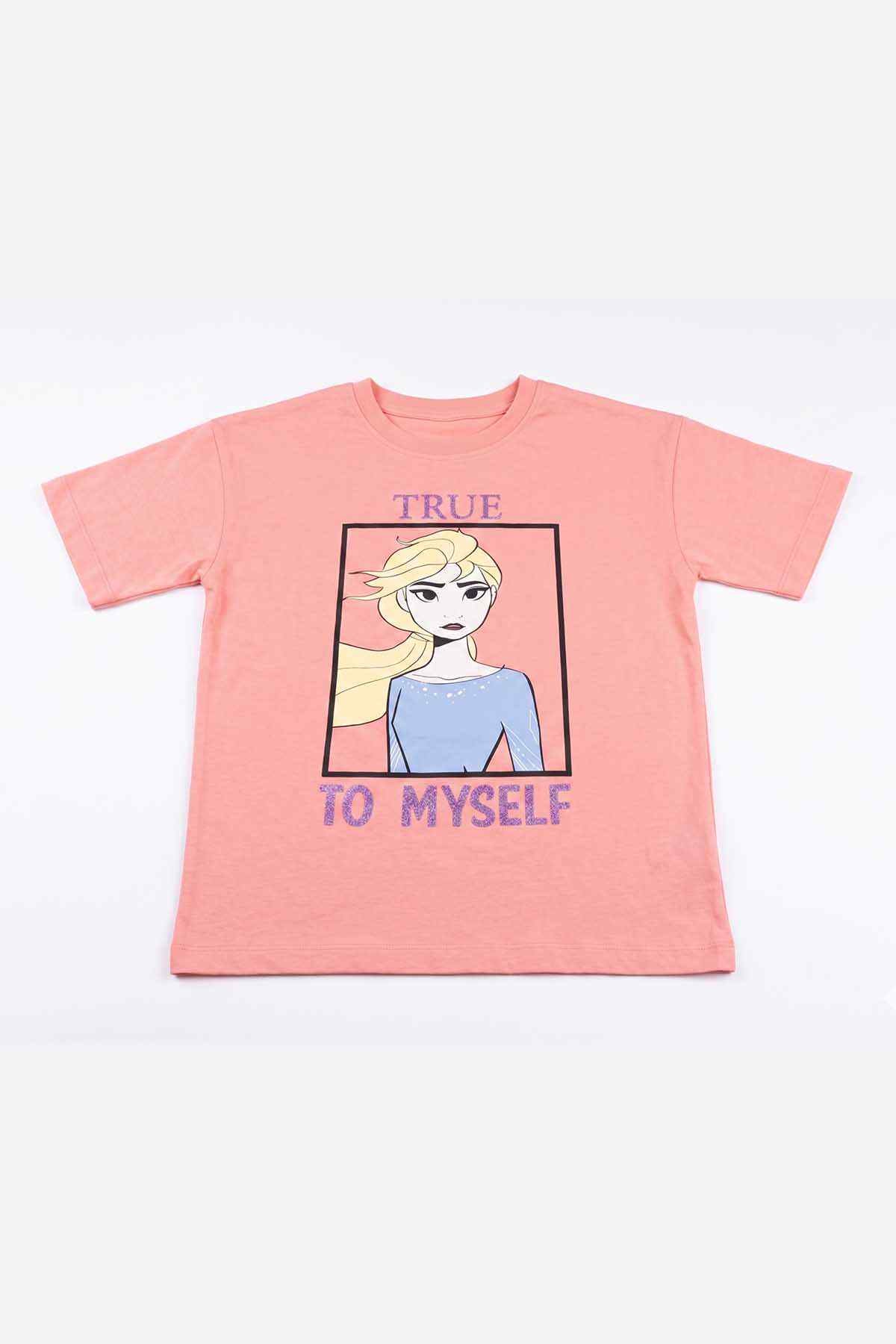 Pink kids T-shirt with framed girl illustration and “TRUE TO MYSELF” text