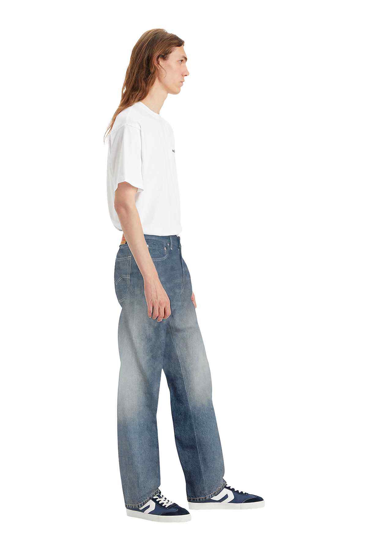 Levi's light wash denim wide-leg jeans, back view and long inseam