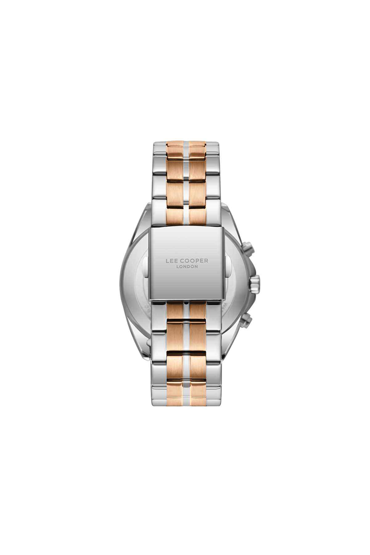 Lee Cooper chronograph watch, silver case with brown dial and rose-gold stripe bracelet
