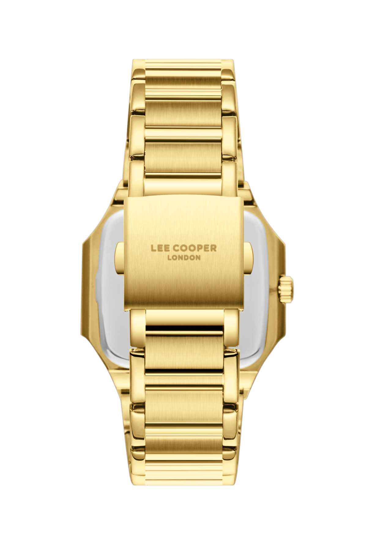 Gold wristwatch with metal bracelet and clasp, dark dial and octagonal case